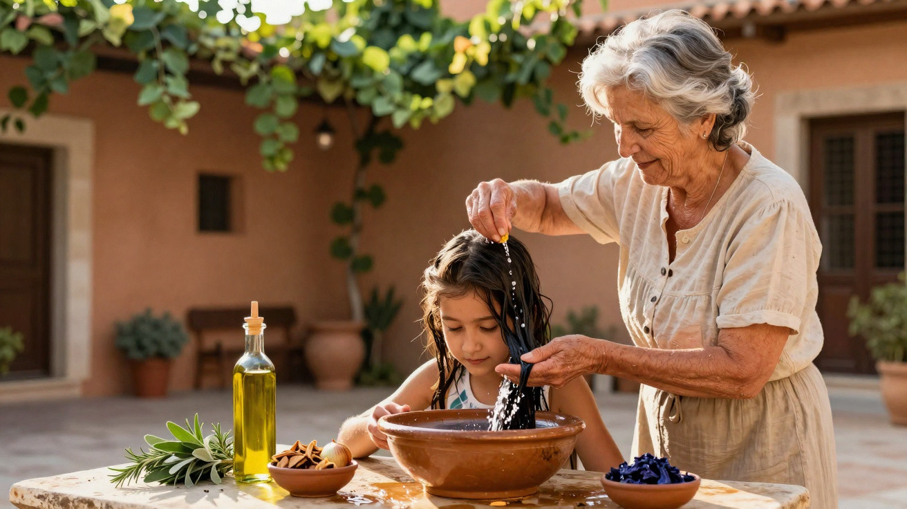 Une grand-mère lave les cheveux d'une petite fille dans une cour ensoleillée avec des plantes autour.