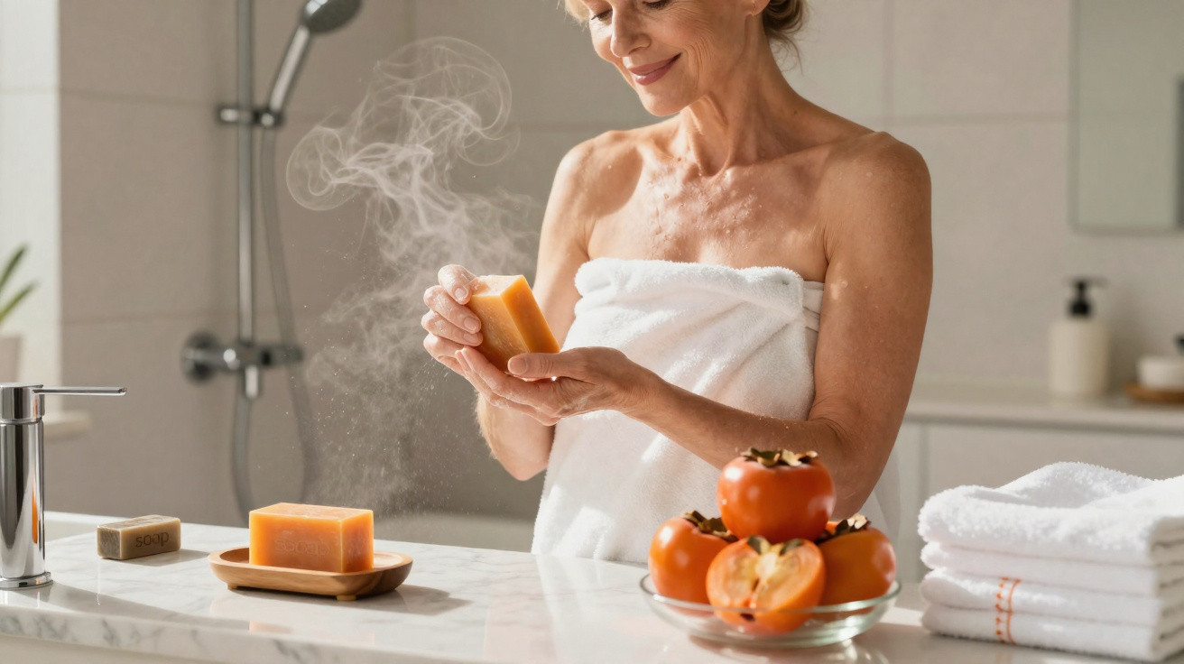 Femme en serviette tient un savon chaud fumant dans une salle de bain lumineuse avec des kakis et des serviettes blanches.