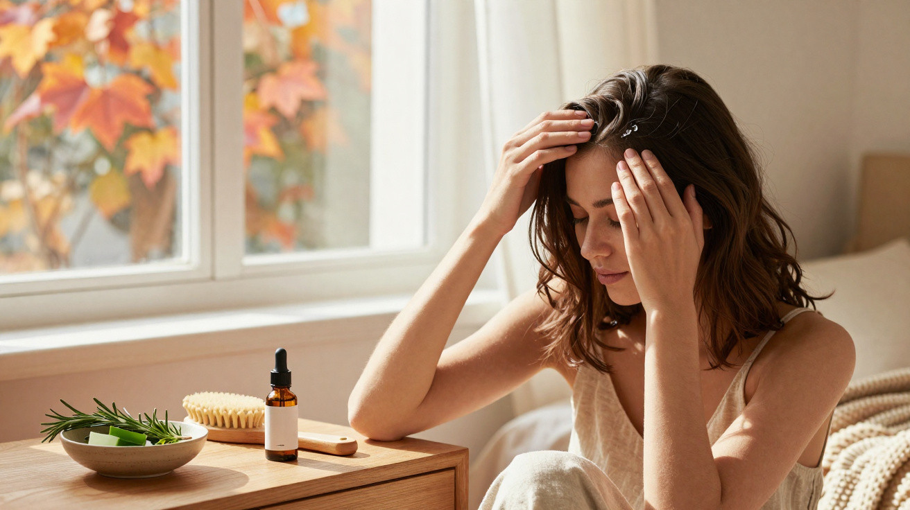 Femme assise près d'une fenêtre avec des mains sur la tête, objets de soins naturels posés sur une table en bois.