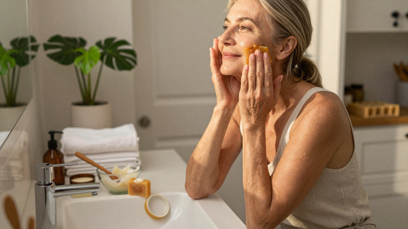 Femme mûre appliquant un soin du visage naturel avec un savon solide dans une salle de bain lumineuse.