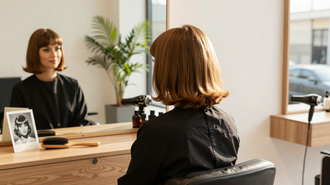 Femme assise devant un miroir dans un salon de coiffure, coiffure vintage et ambiance lumineuse naturelle.
