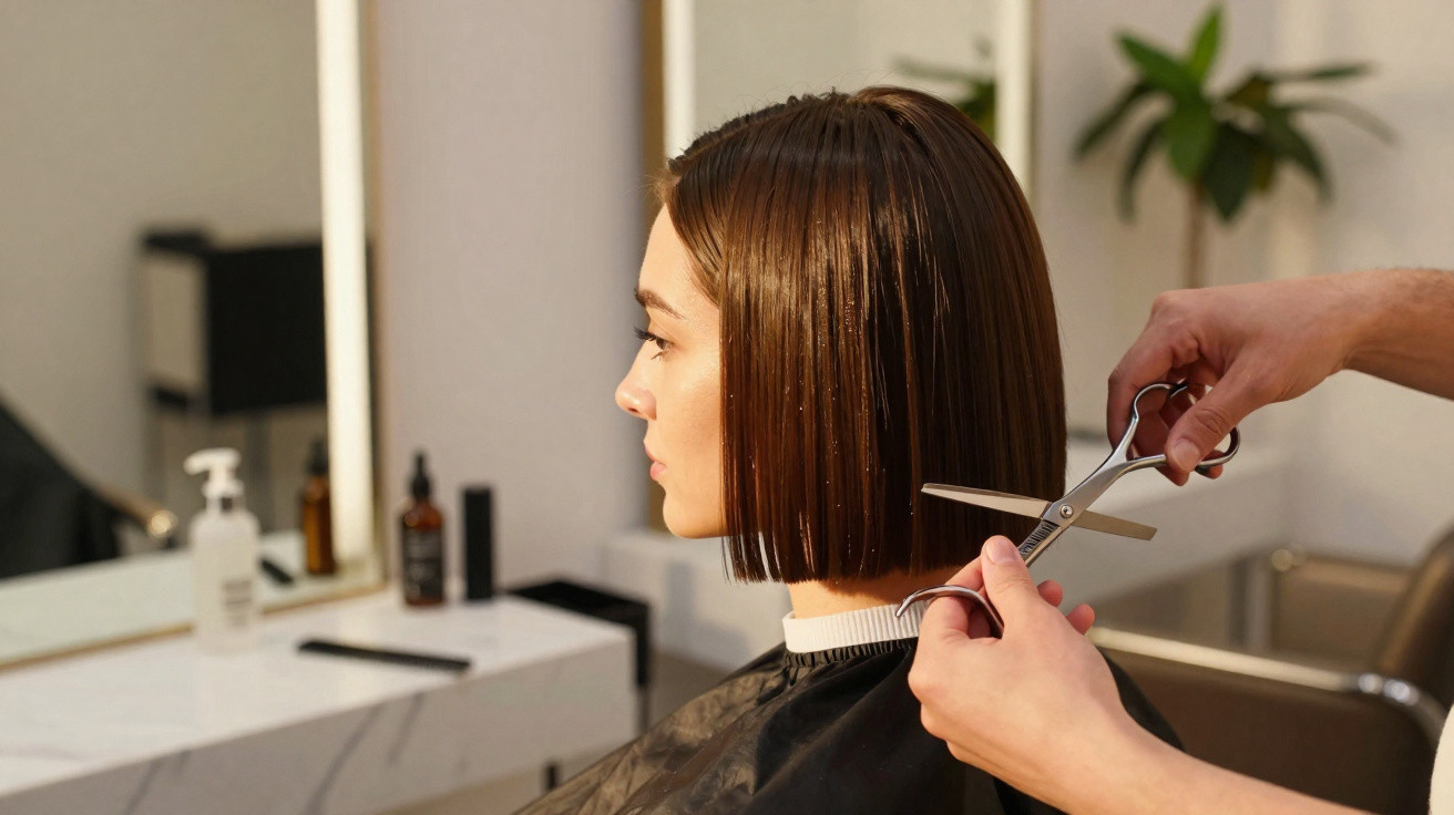 Coiffeur coupant les cheveux lisses d'une femme dans un salon moderne, vue de profil.
