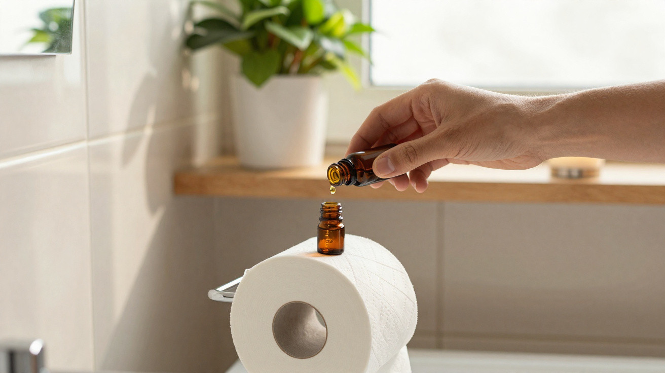 Main versant quelques gouttes d'huile essentielle dans un petit flacon posé sur un rouleau de papier toilette.