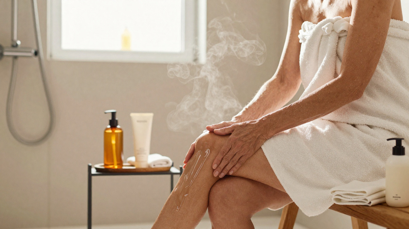 Femme en serviette appliquant une crème sur sa jambe dans une salle de bain lumineuse et vapeur visible.