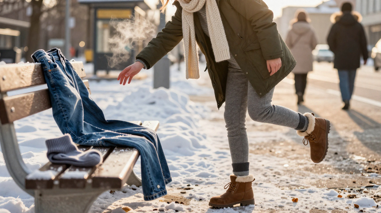 Personne en manteau vert et écharpe tendant la main vers un banc en bois avec vêtements posés, neige autour.
