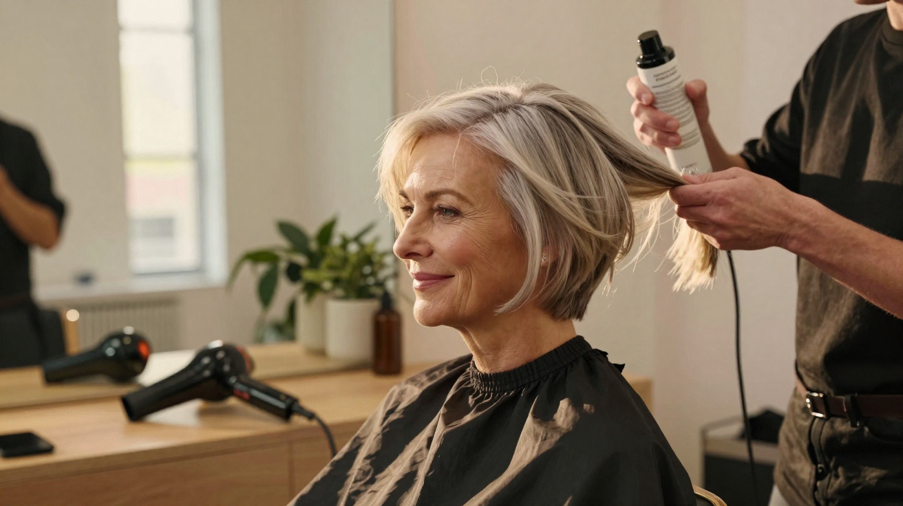Femme aux cheveux gris courts souriante pendant une coiffure dans un salon avec coiffeur et sèche-cheveux.