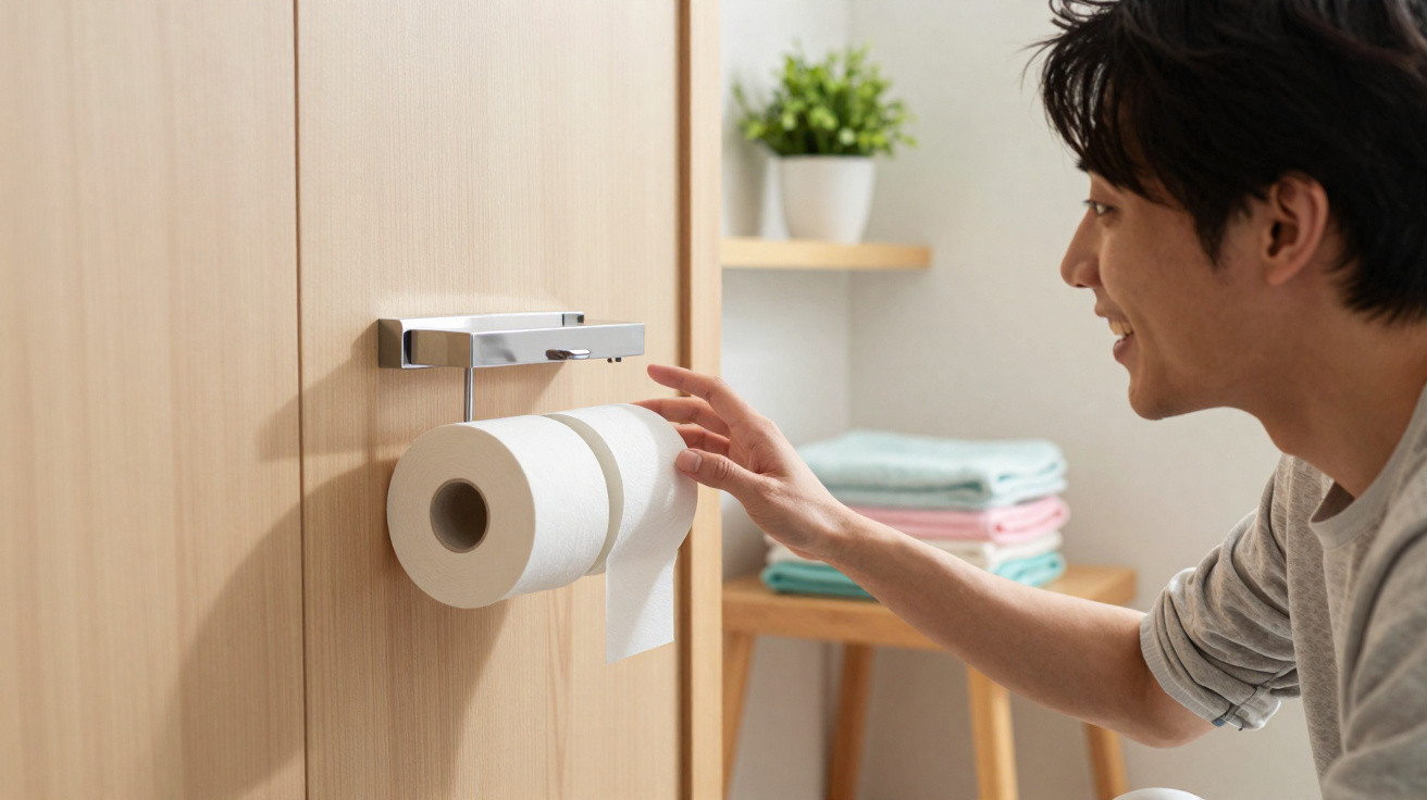 Homme souriant ajustant un porte-papier hygiénique mural dans une salle de bain avec serviettes pliées en arrière-plan.