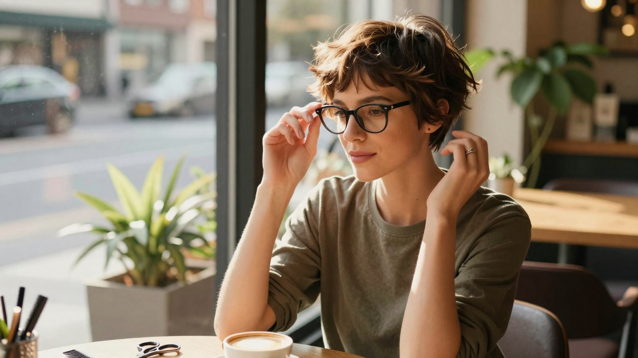 Jeune femme aux cheveux courts et lunettes, assise dans un café, regardant par la fenêtre avec un café devant elle.
