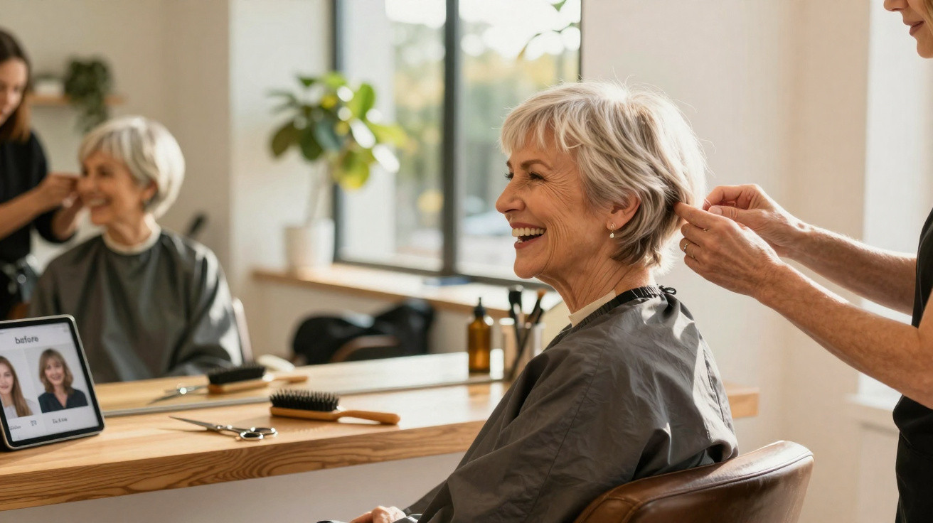 Femme âgée souriante en train de se faire coiffer dans un salon de beauté moderne lumineux.