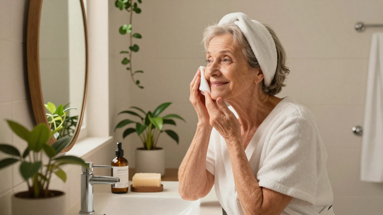 Femme âgée souriante se nettoyant le visage dans une salle de bain lumineuse avec serviette blanche.