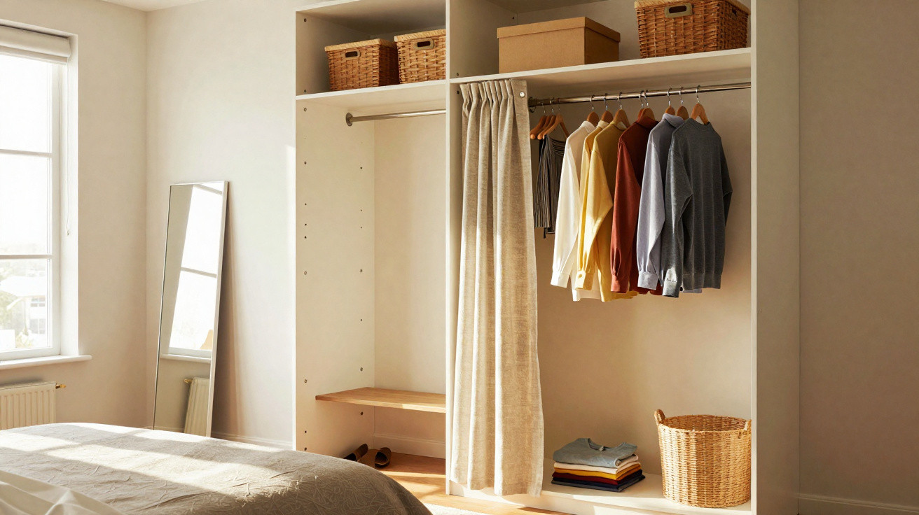 Chambre lumineuse avec placard ouvert contenant des vêtements suspendus, paniers en osier et étagères rangées.