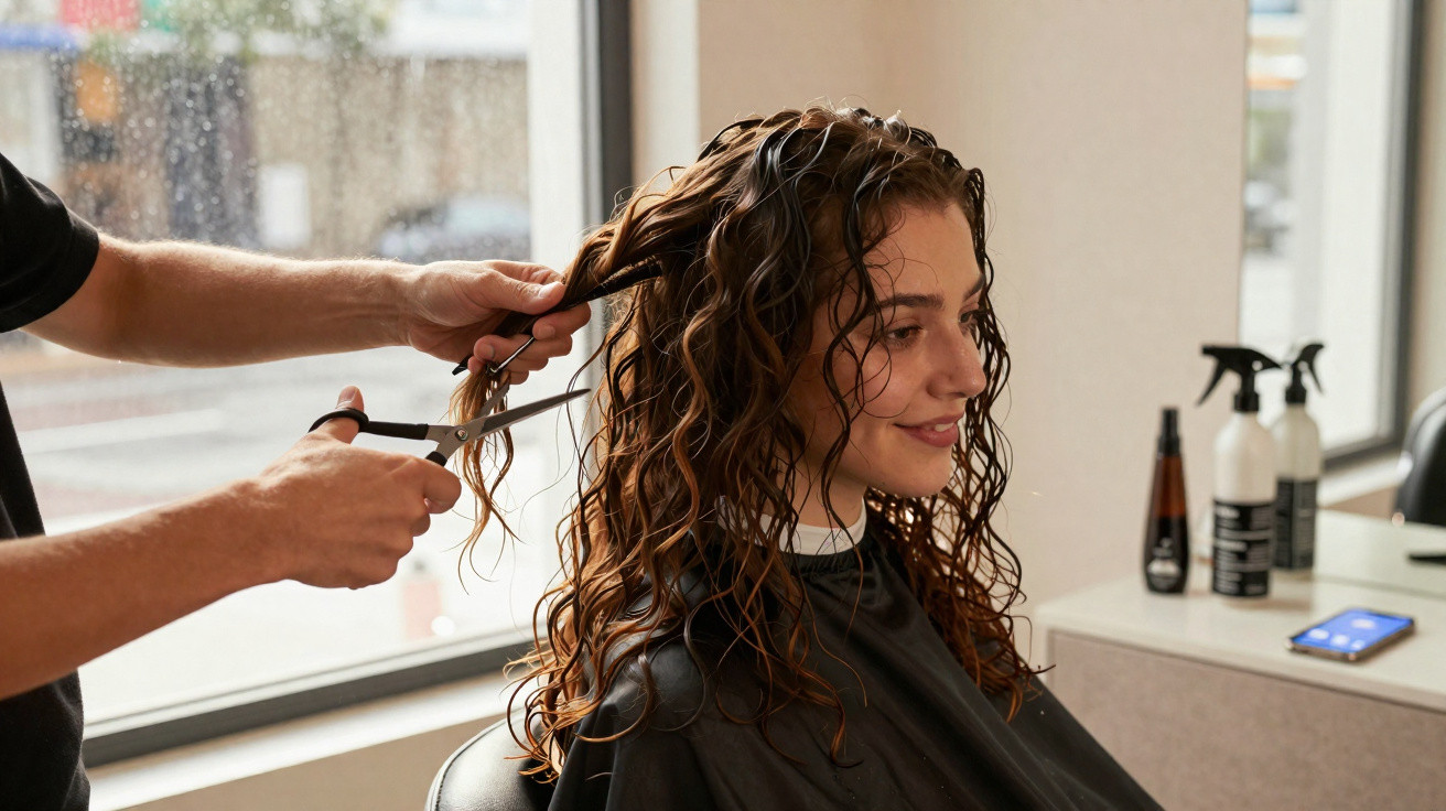 Coiffeur coupant les cheveux mouillés et bouclés d'une femme souriante dans un salon avec fenêtre.