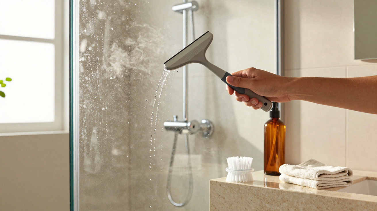 Main tenant une raclette nettoyant une vitre de douche avec des gouttes d'eau et de la vapeur visible.