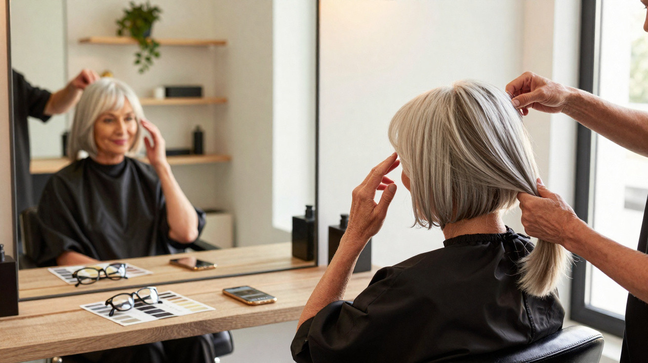 Femme âgée assise devant un miroir dans un salon de coiffure, préparant sa coupe de cheveux blancs.