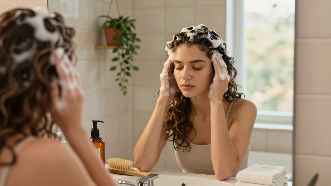 Jeune femme lavant ses cheveux avec du shampooing mousseux devant un miroir dans une salle de bain.