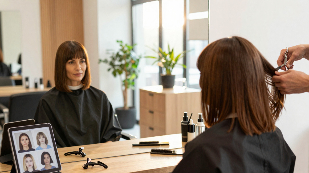 Femme se faisant couper les cheveux dans un salon, assise devant un miroir avec des photos de coiffures sur une tablette.