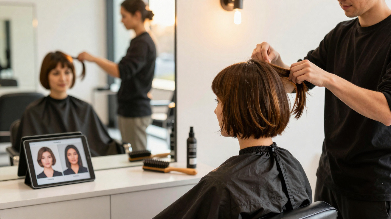 Client assise chez le coiffeur, regardant des exemples de coupes sur une tablette, coiffeur coupant ses cheveux.