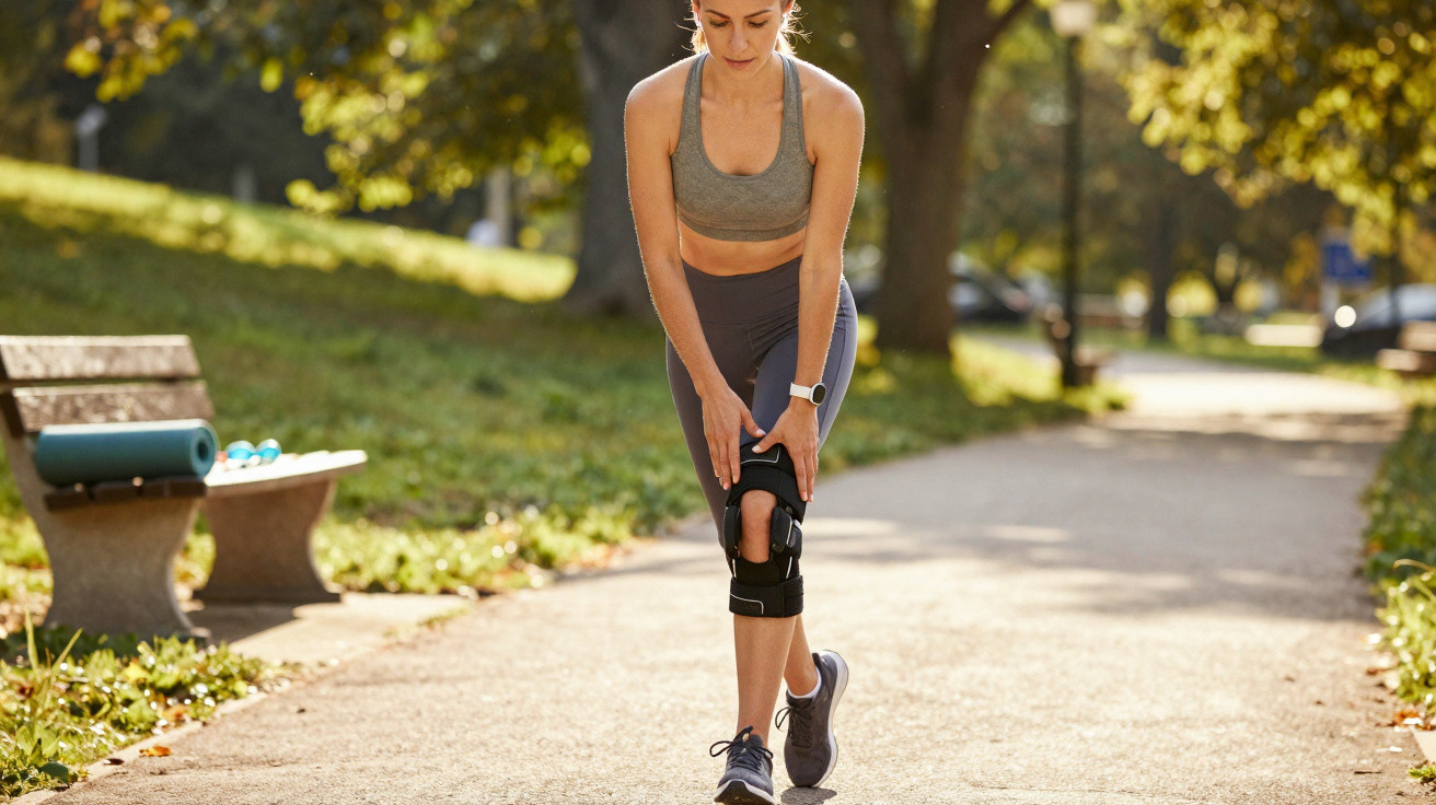 Femme sport en tenue de fitness dans un parc, tenant son genou avec une attelle noire, semblant ressentir une douleur.