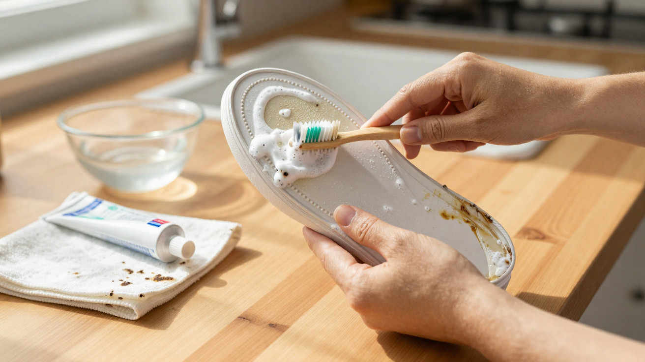 Personne nettoyant la semelle intérieure d'une chaussure blanche avec une brosse à dents et du dentifrice.