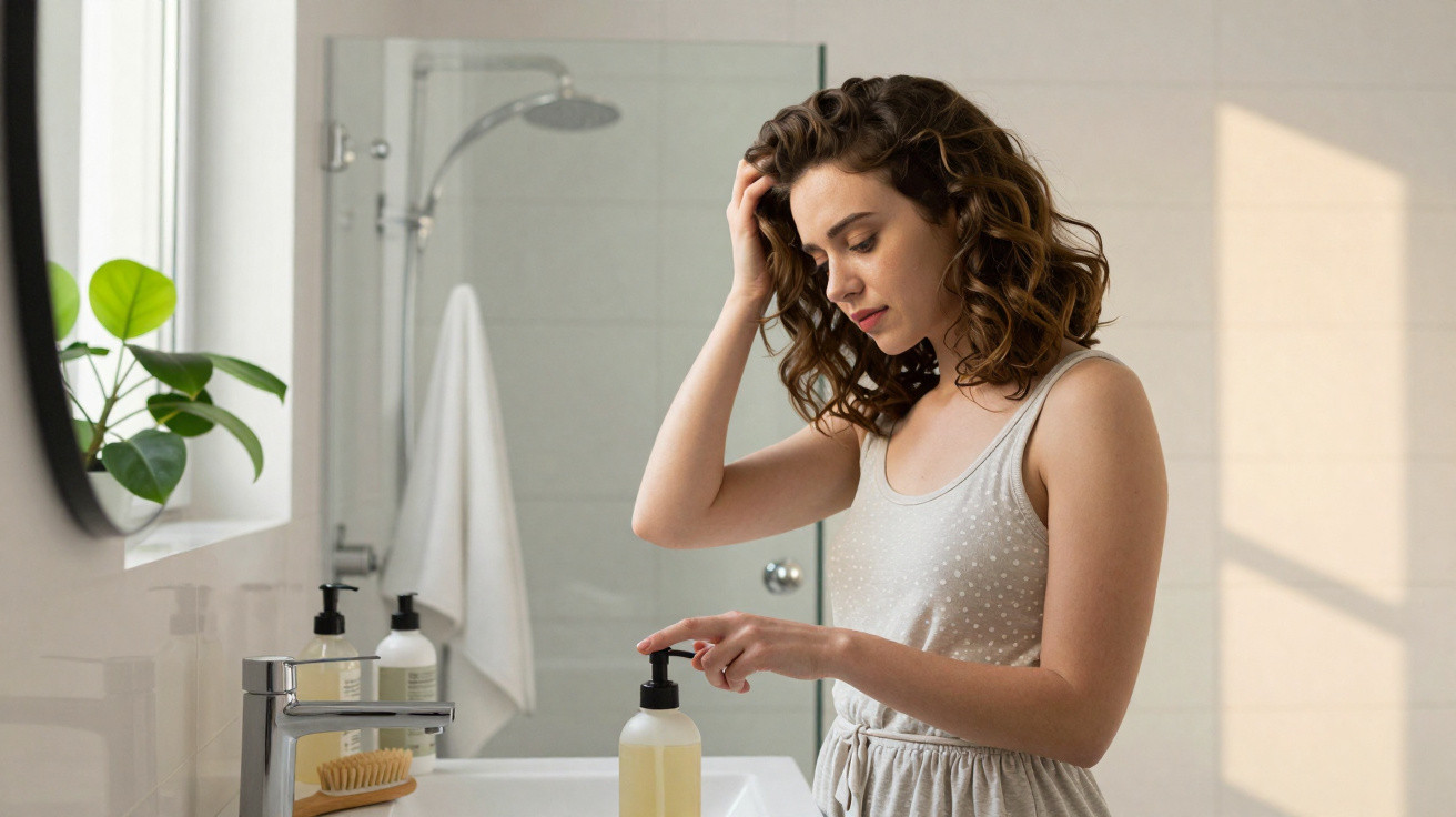 Jeune femme aux cheveux bouclés utilisant un distributeur de savon liquide dans une salle de bain lumineuse.