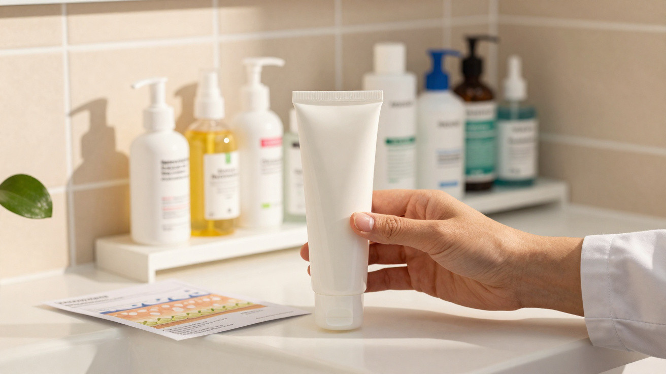 Main tenant un tube de crème blanc dans une salle de bain avec des flacons en arrière-plan.