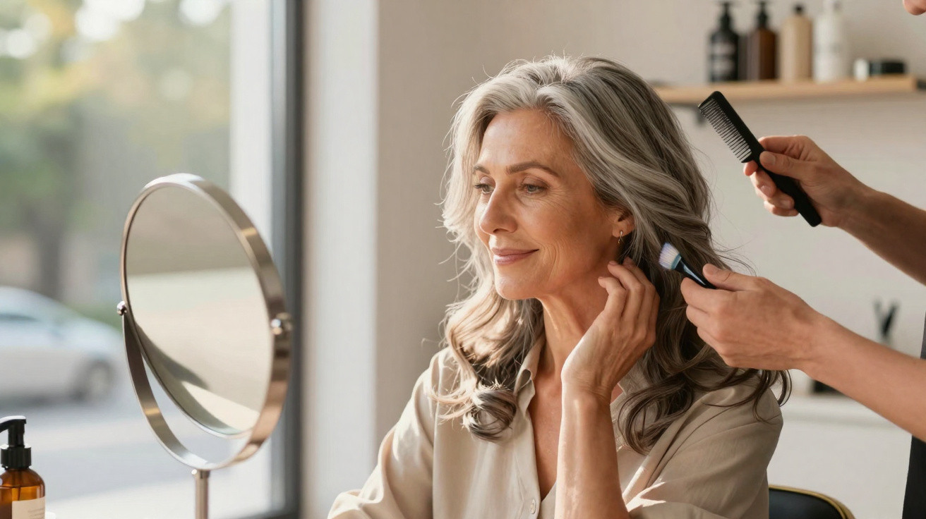 Femme âgée souriante coiffée par un professionnel en salon avec miroir et lumière naturelle.