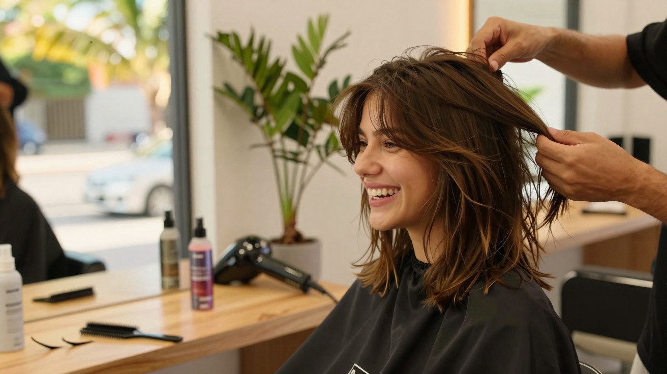 Femme souriante se faisant coiffer dans un salon, mains du coiffeur travaillant ses cheveux bruns.