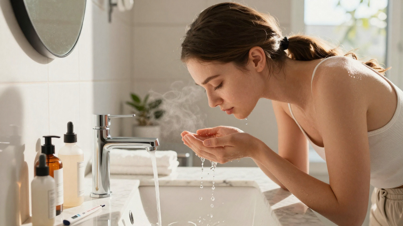 Jeune femme se lavant le visage avec de l'eau chaude dans une salle de bain lumineuse.