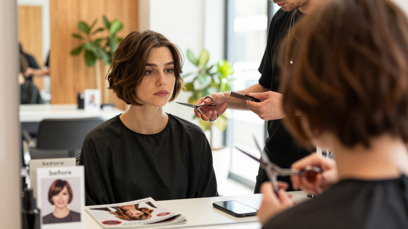 Femme aux cheveux courts assise dans un salon, coiffeur préparant des ciseaux pour une coupe.