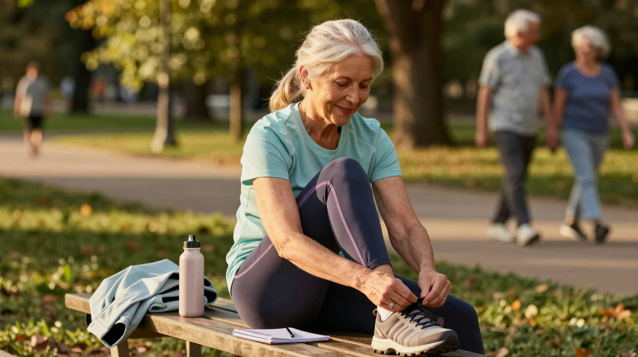 Femme âgée attachant ses chaussures de sport assise sur un banc dans un parc ensoleillé.