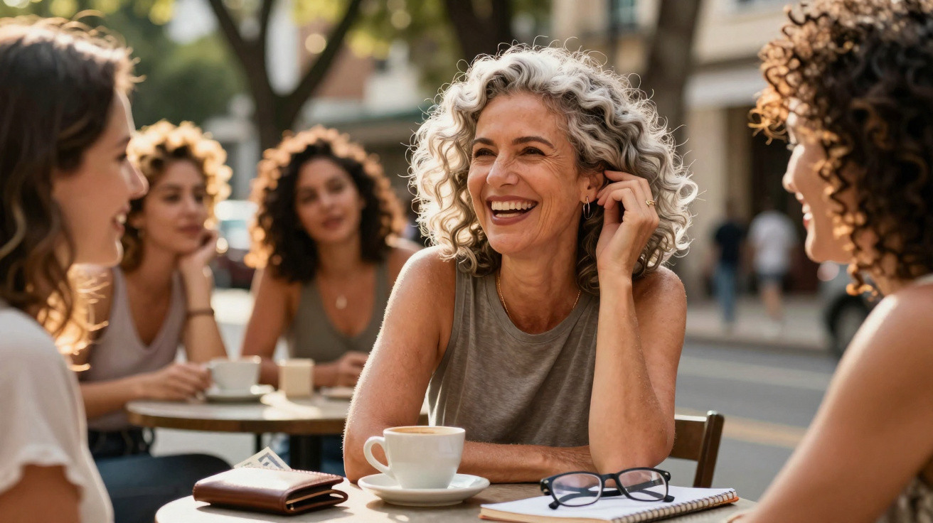 Groupe de femmes souriantes discutant autour d'une table de café en terrasse ensoleillée en ville.