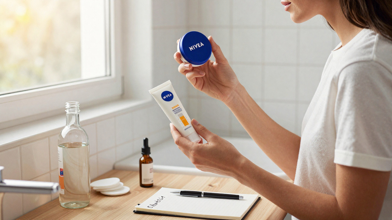Femme tenant des produits Nivea dans une salle de bain, avec un carnet de notes sur le comptoir en bois.