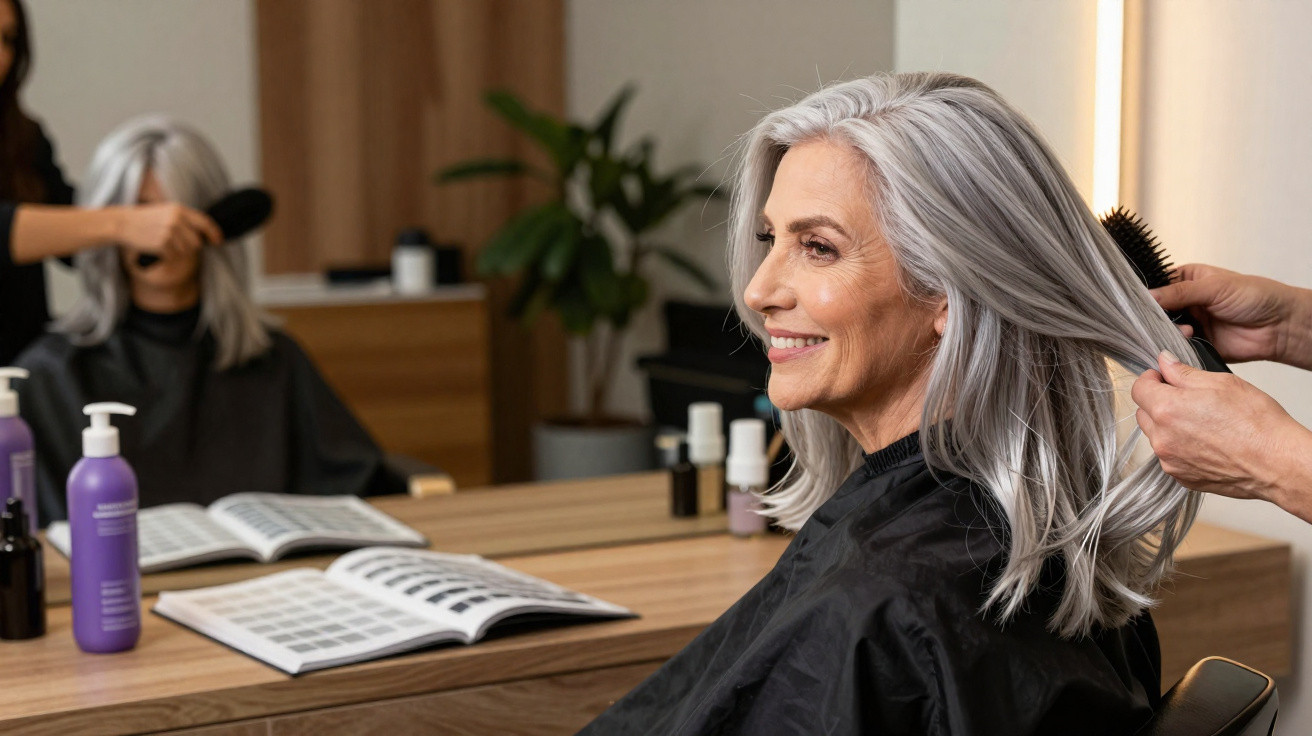 Femme âgée souriante se faisant coiffer les cheveux gris dans un salon de coiffure moderne.