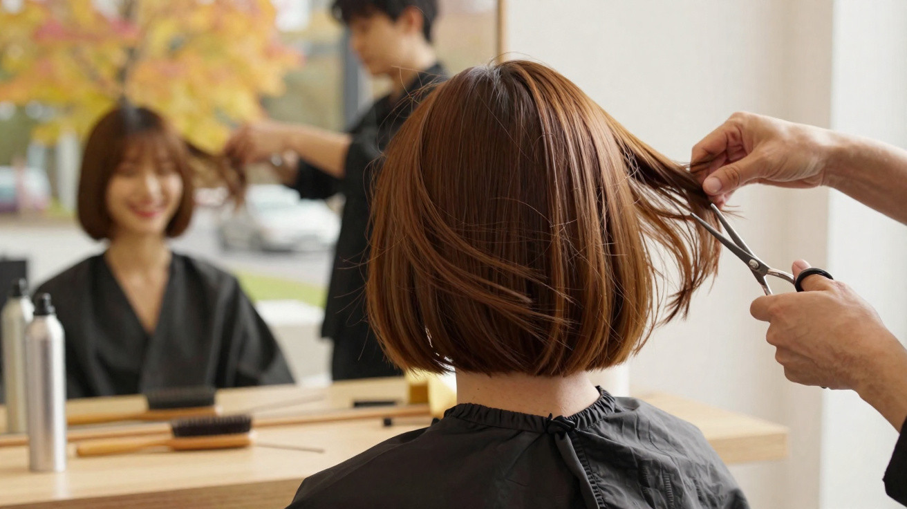 Coiffeur coupant les cheveux d'une cliente assise face à un miroir dans un salon lumineux.