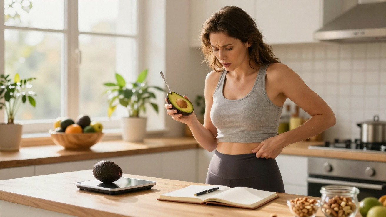 Femme en tenue de sport regarde son ventre en tenant un avocat coupé dans une cuisine lumineuse.