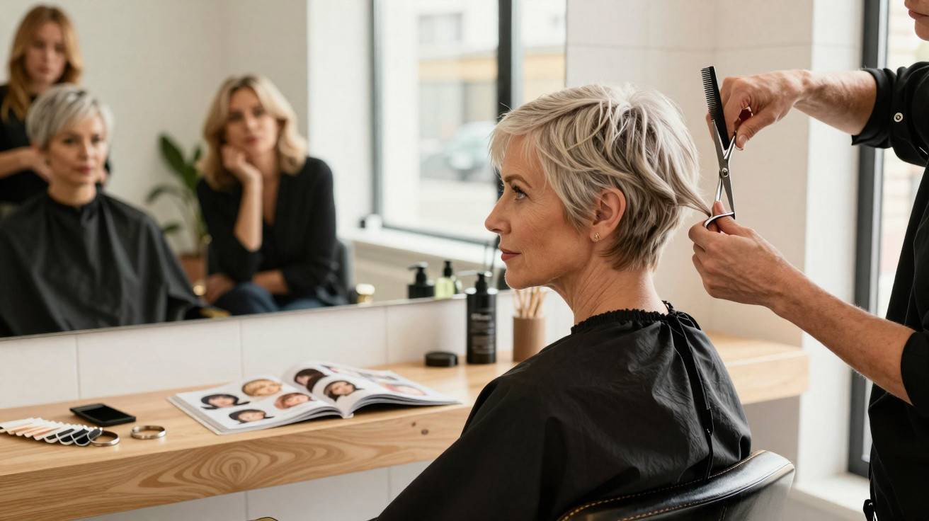 Femme aux cheveux gris coupés courts chez le coiffeur devant un miroir, consultant un catalogue de coiffures.