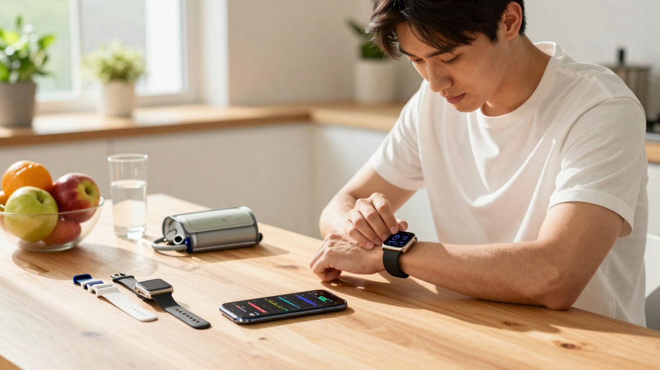 Homme utilisant une montre connectée à une table avec smartphone, tensiomètre et bols de fruits.