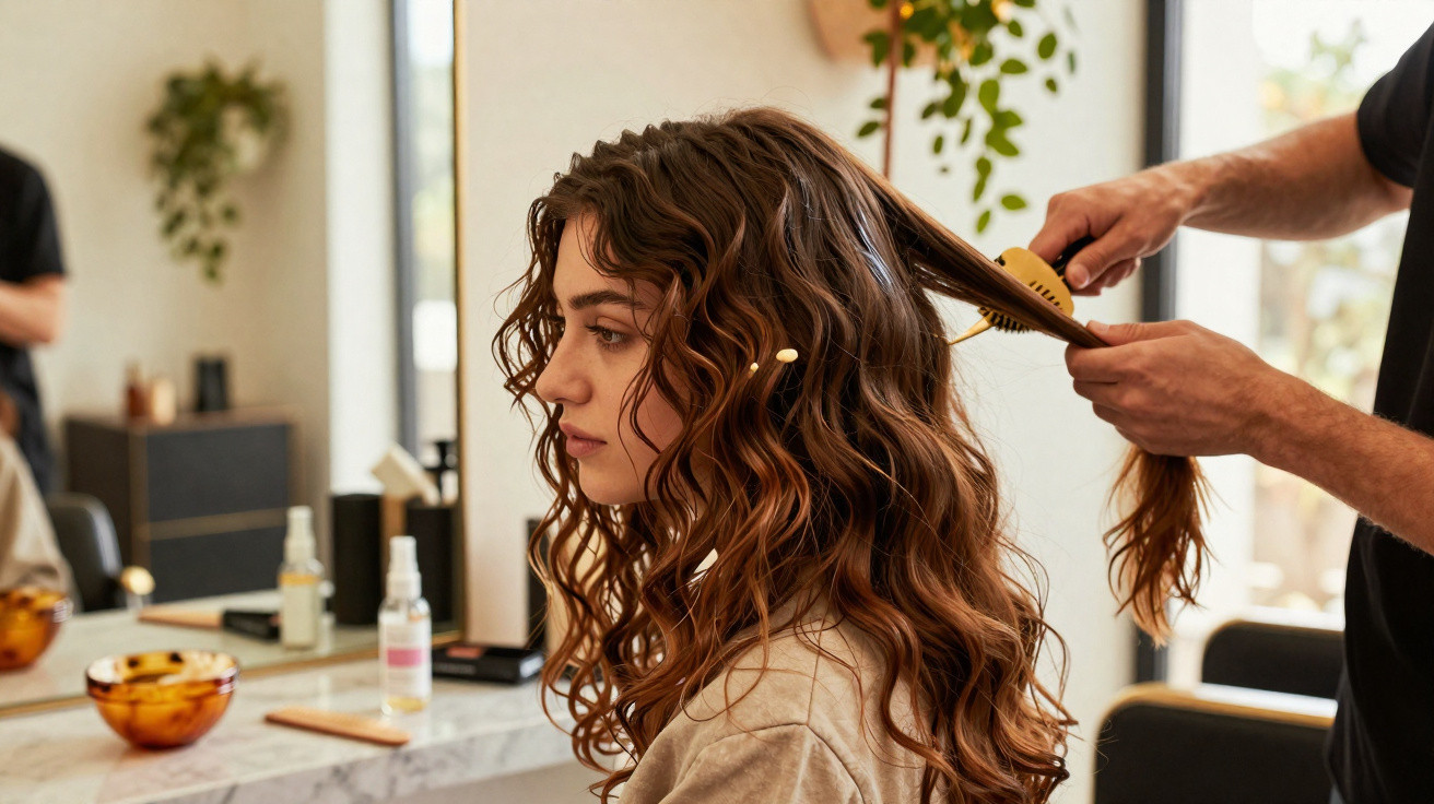 Une femme aux cheveux longs et bouclés se fait coiffer dans un salon avec un coiffeur coiffant ses cheveux.