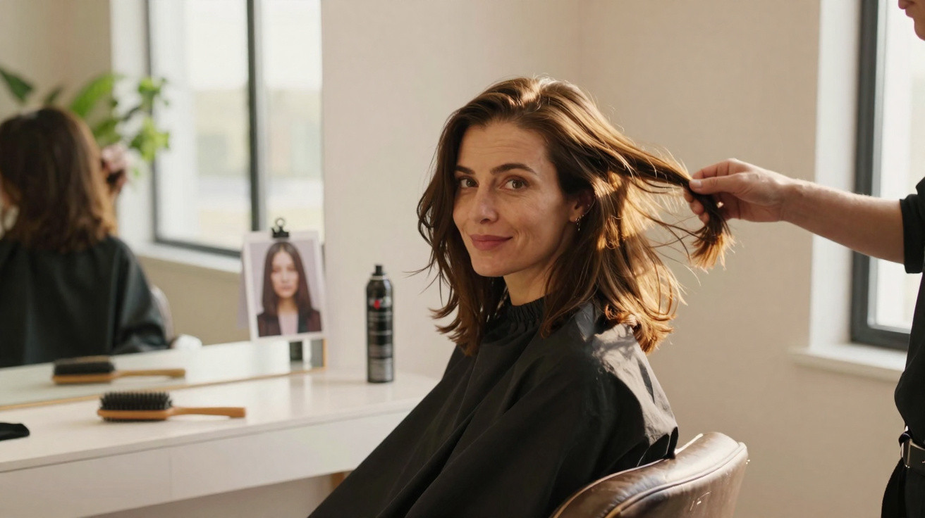 Femme souriante en cape de coiffure, assise dans un salon, coiffeur tenant ses cheveux.