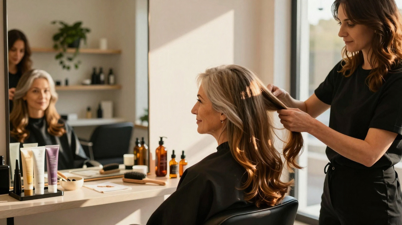 Femme aux cheveux longs châtains assise chez le coiffeur, pendant que la styliste coiffe sa chevelure.