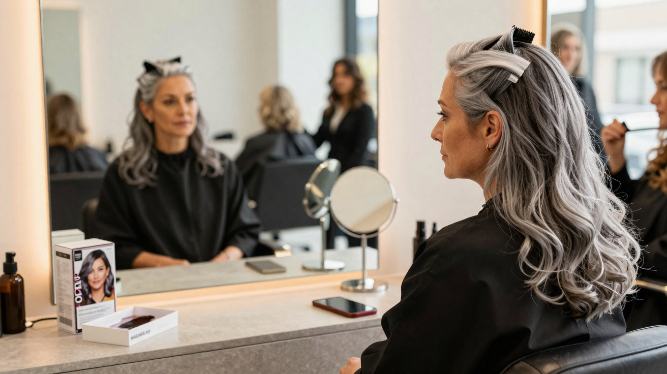 Femme aux cheveux gris en salon de coiffure, regardant son reflet dans le miroir.
