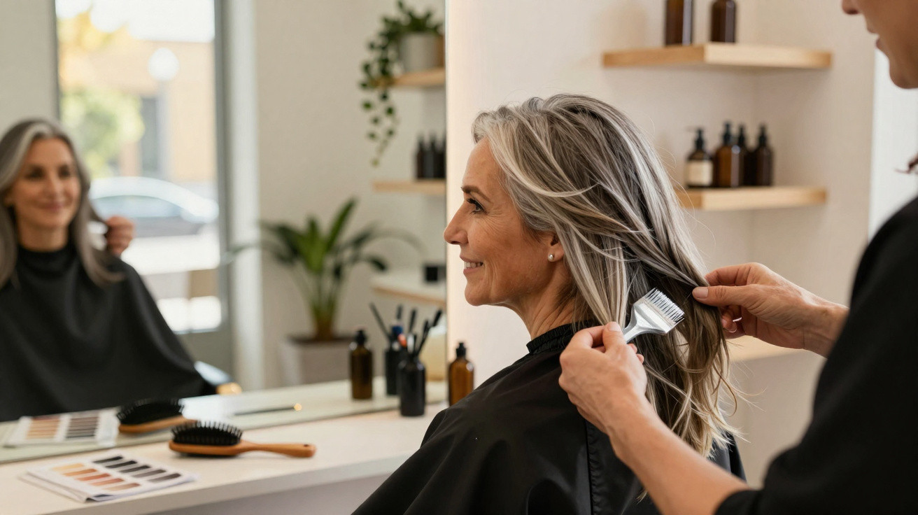 Femme mûre aux cheveux gris en train de se faire coiffer dans un salon de beauté moderne.
