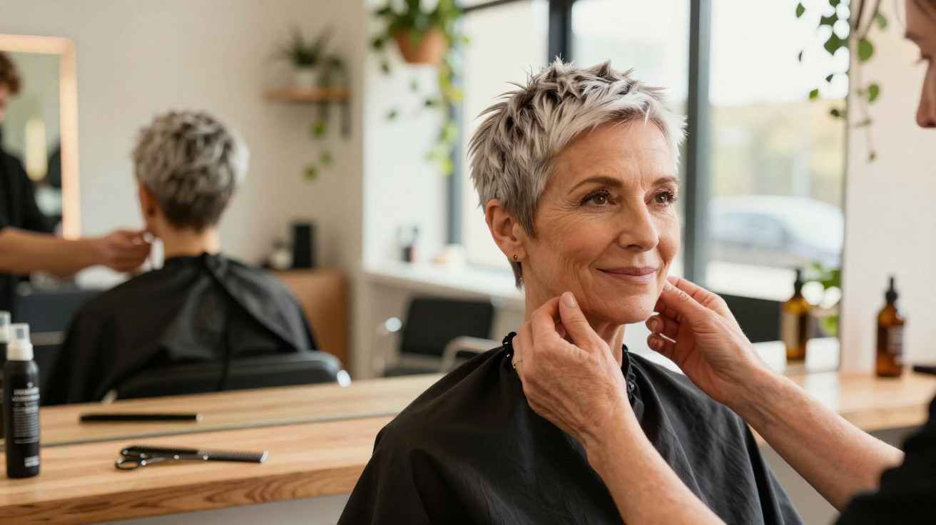 Femme mûre souriante avec coiffure courte et grise chez le coiffeur en train de recevoir des soins.