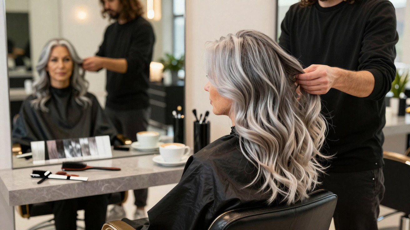 Coiffeur coiffant les cheveux longs et ondulés d'une femme aux cheveux gris dans un salon lumineux.