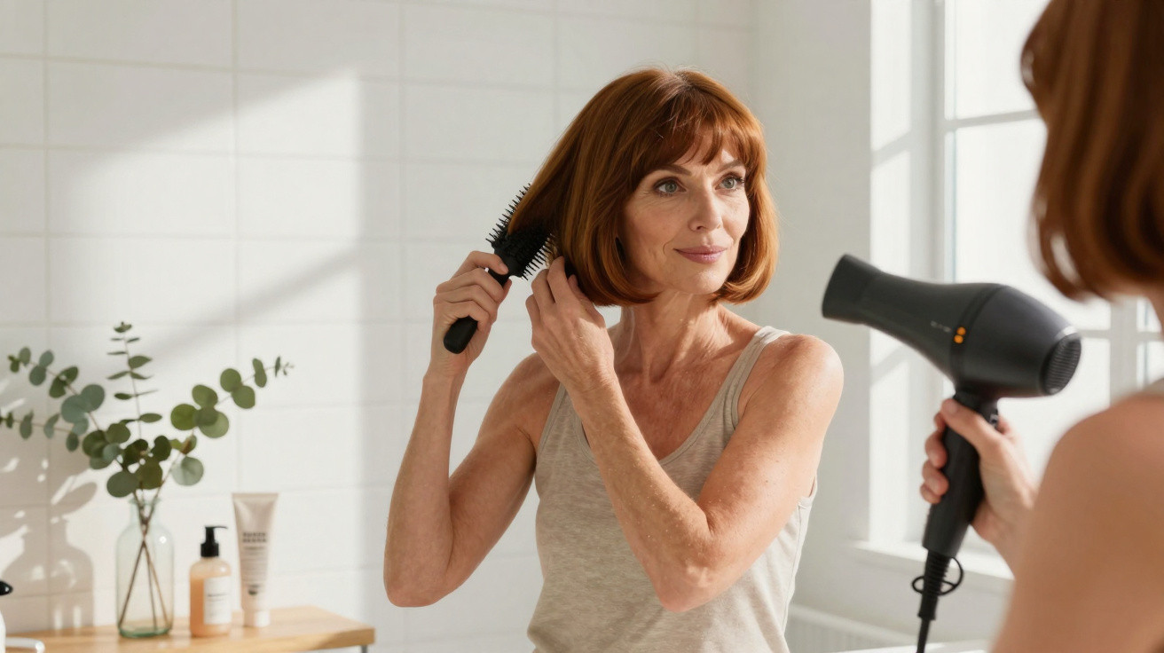 Femme souriante se coiffant avec une brosse et un sèche-cheveux devant un miroir dans une salle de bain lumineuse.