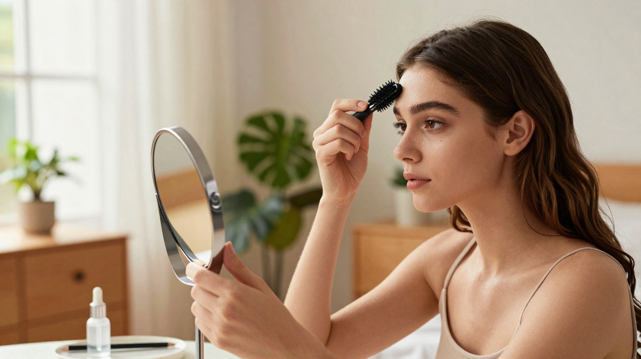 Jeune femme se maquillant les sourcils avec une brosse devant un miroir dans une chambre lumineuse.