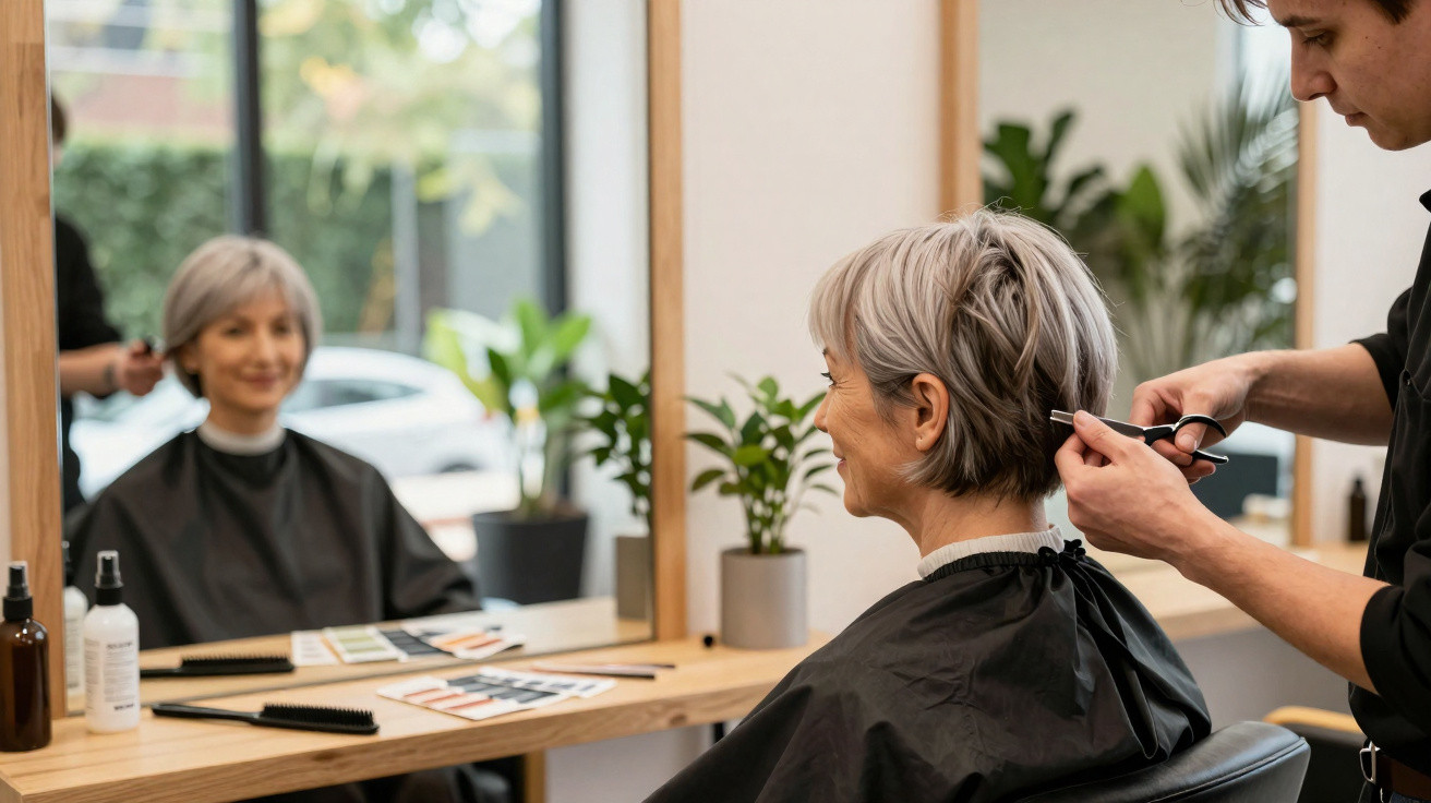 Femme âgée souriante se faisant couper les cheveux dans un salon de coiffure moderne avec miroir et plantes.