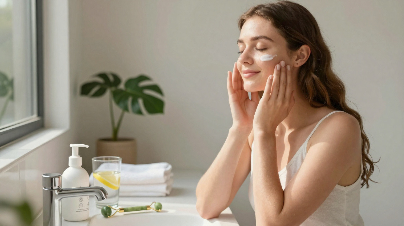 Jeune femme appliquant une crème hydratante sur son visage dans une salle de bain lumineuse.