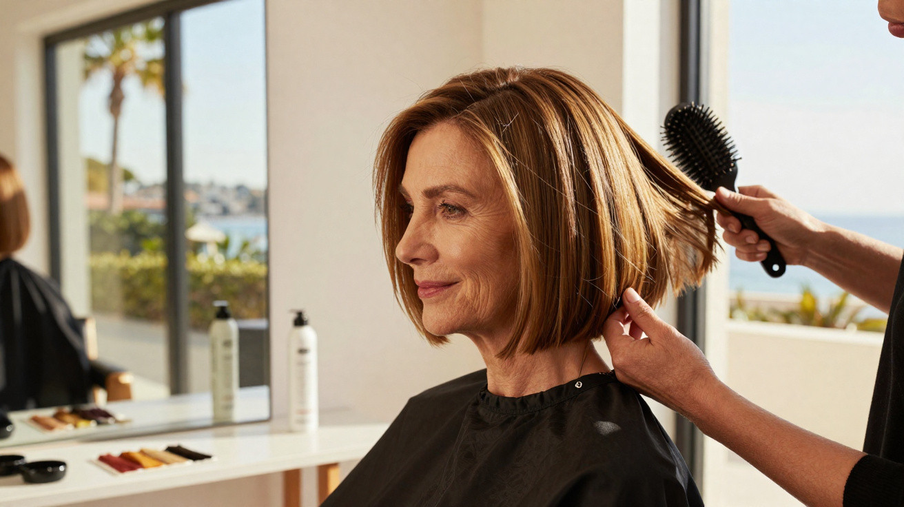 Femme souriante au salon de coiffure, se faisant brosser les cheveux courts et blonds.