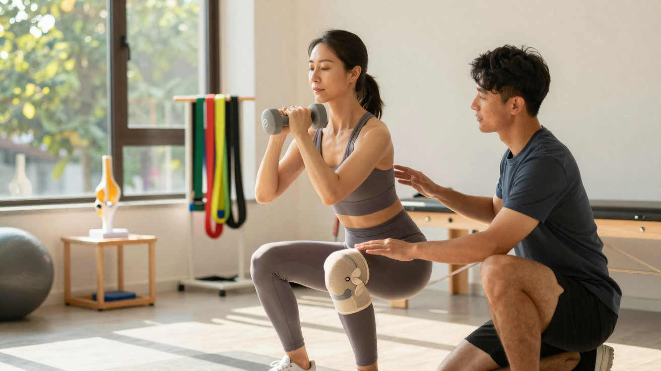 Femme en tenue de sport fait des squats avec haltère, accompagnée d’un coach en salle lumineuse.